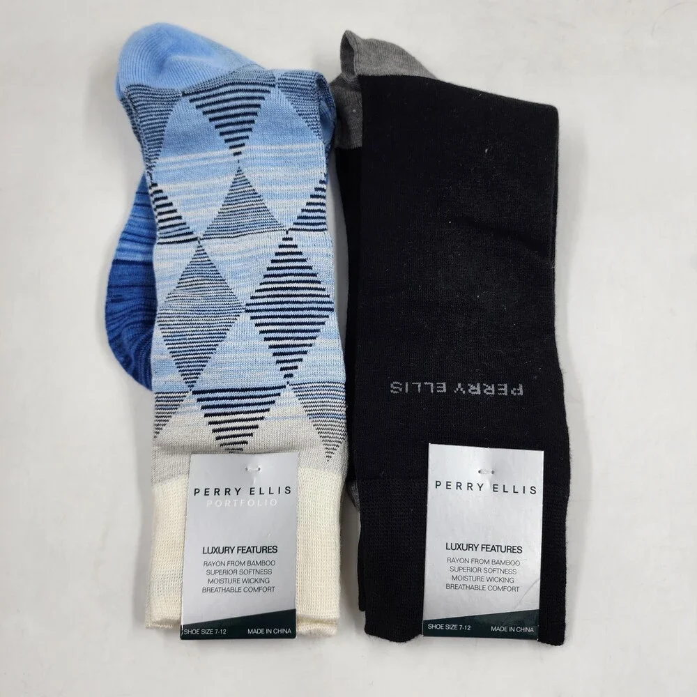 Perry Ellis Moisture-Wicking Diamond Space-Dyed & Logo Crew Socks Men's 7-12~